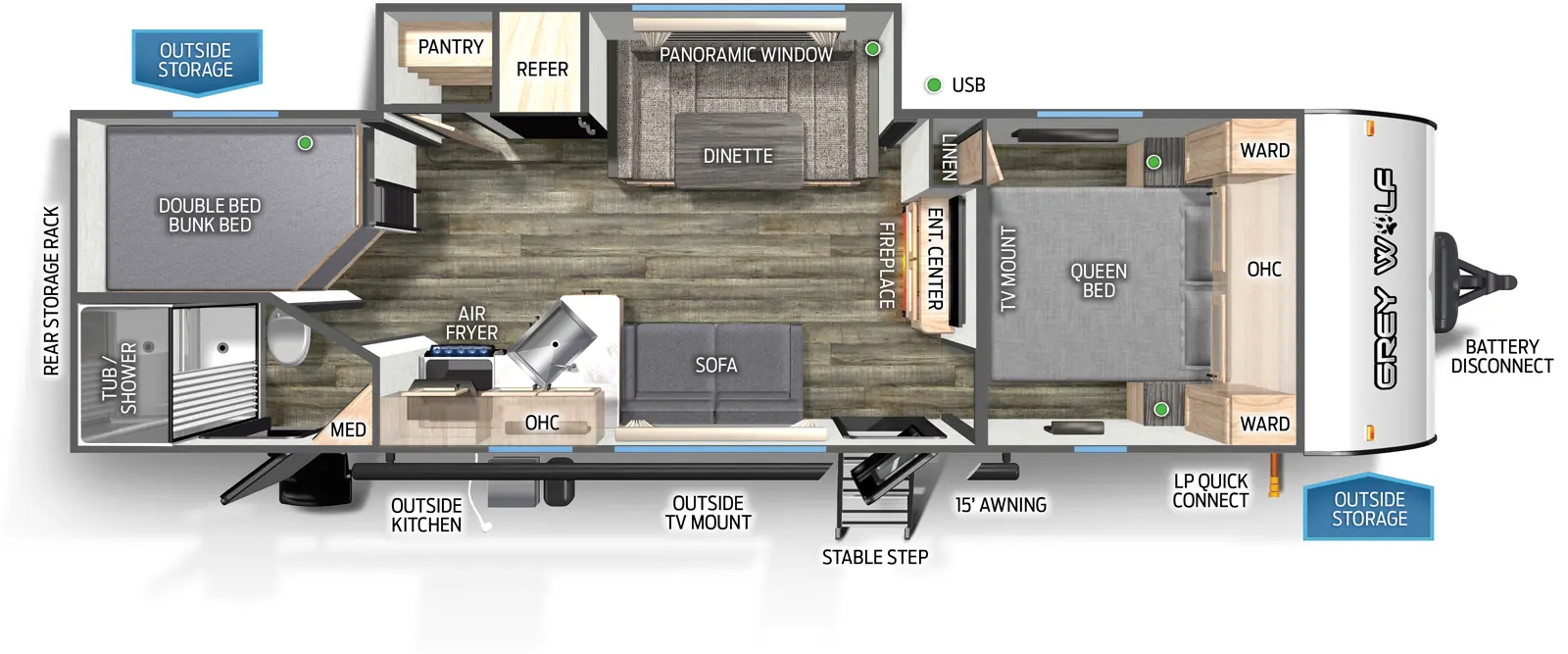 The 26BRB has one slideout and two entry doors. Exterior features include a rear storage rack, outside kitchen, outside TV mount, outside storage, mid stable step entry, 15 foot awning, LP quick connect, and battery disconnect. Interior layout front to back: queen bed with overhead cabinet, wardrobes on each side, TV mount, and linen closet; entertainment center with fireplace below along inner wall; off-door side slide out with dinette, panoramic window, refrigerator, and pantry; door side entry, sofa, peninsula kitchen countertop with sink, overhead cabinet, and air fryer; rear door side full bathroom with entry door and medicine cabinet; rear off-door side double bed bunk beds.